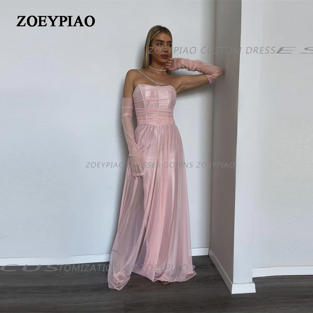 Elegantes rosa Chiffon Abendkleid bodenlangen hohen Beins chlitz vestido festas luxo träger los eine Linie vestido de noche eine Schulter