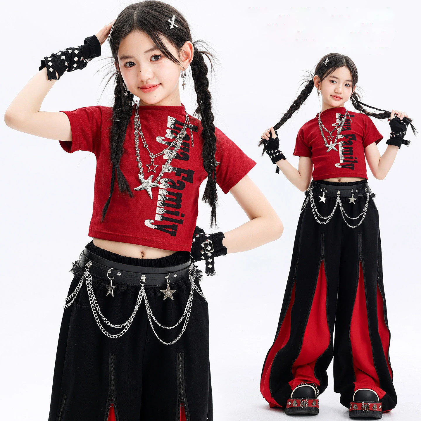 

Kid Kpop Hip Hop Clothing Red Mock Neck Crop T Shirt Black Casual Zipper Wide Leg Pants for Girls Street Dance Costumes Clothes