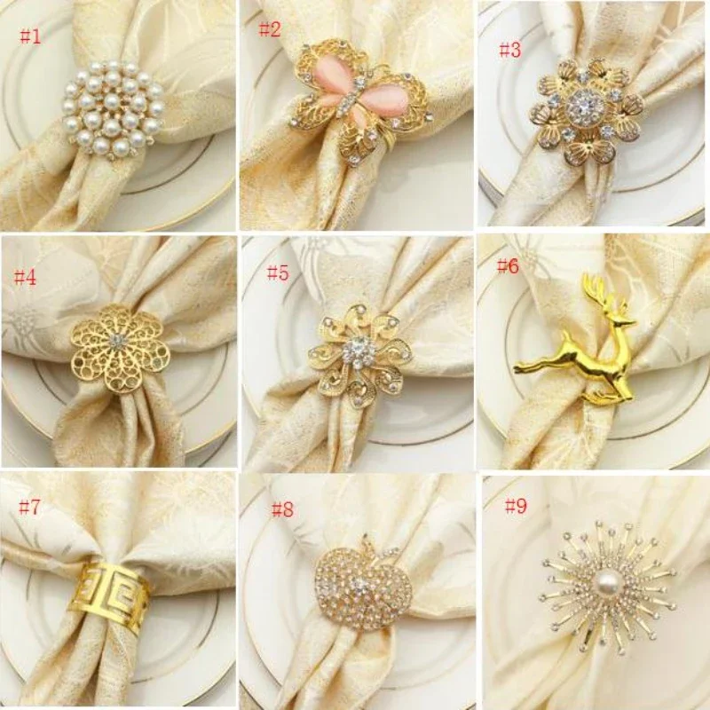 9 Styles Pearl Napkin Buckle Alloy Deer Napkin Ring Newest Gold-plated Butterfly Flower Napkin Ring Table Decoration