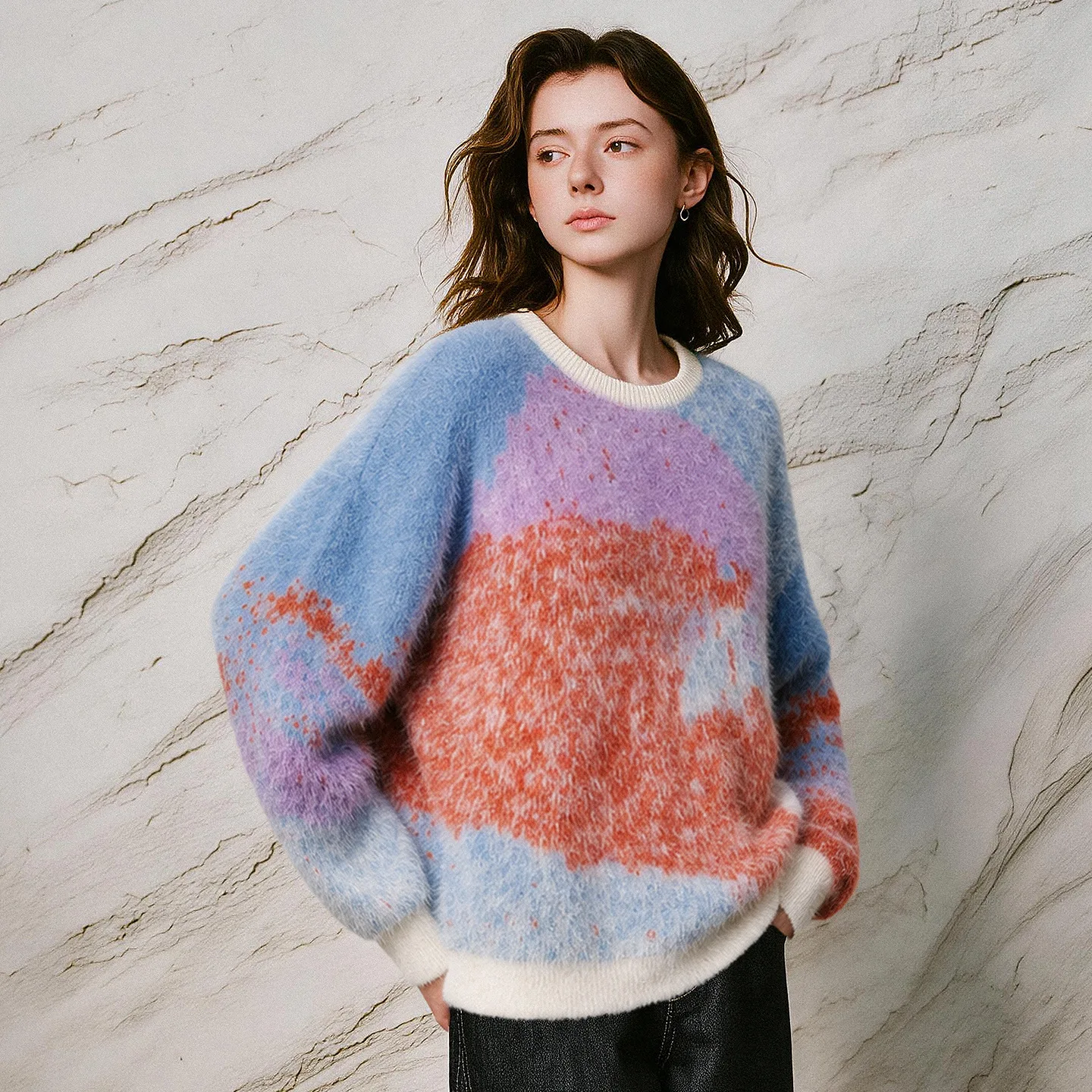 TOYOUTH Women Sweater 2026 Winter New Faux Mink Fur Gradient Dye Fluffy Loose Wild Dusk Tops