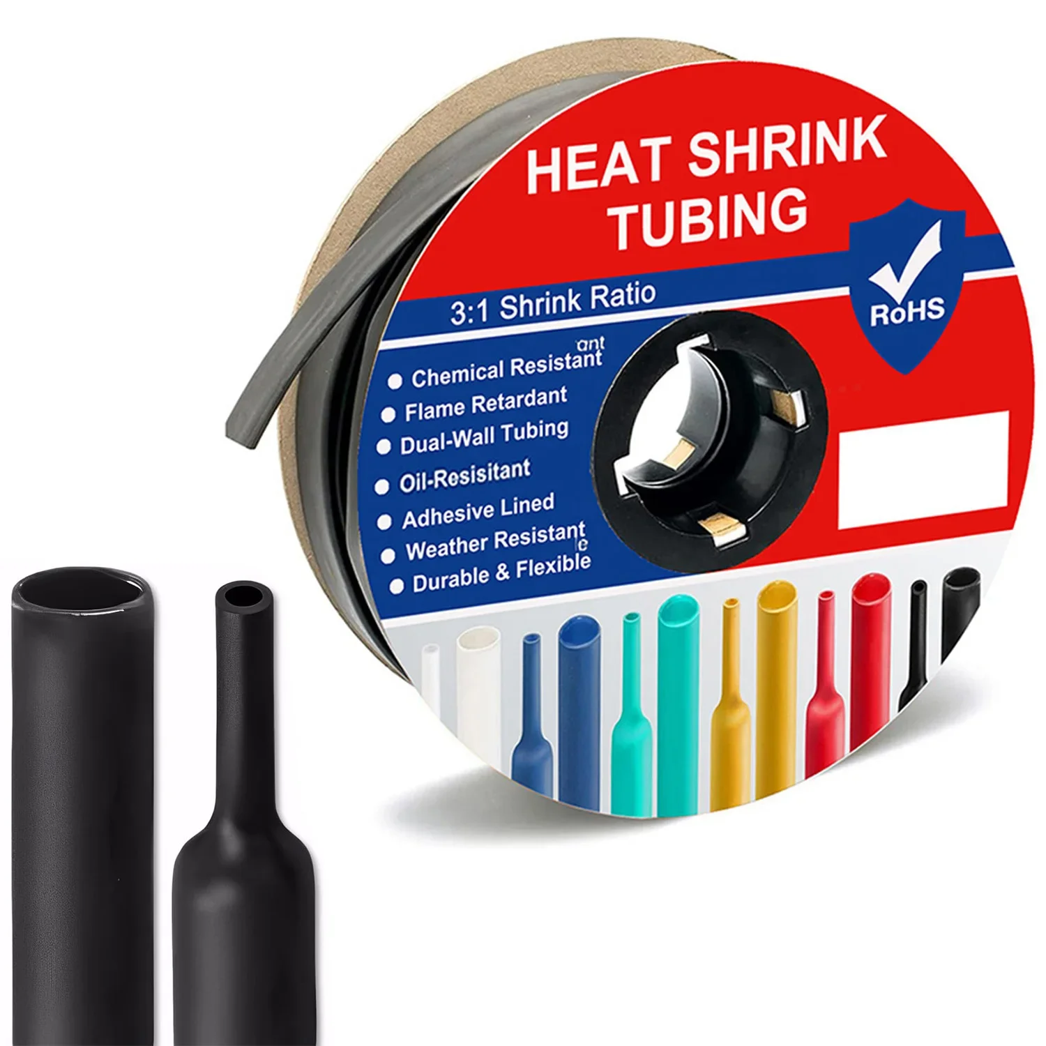 Black 3:1 Ratio Heat Shrink Tubing Roll Kit Dual Wall Adhesive Lined Shrinkable Wire Tube Marine Grade Waterproof Φ2.4mm - Φ30mm
