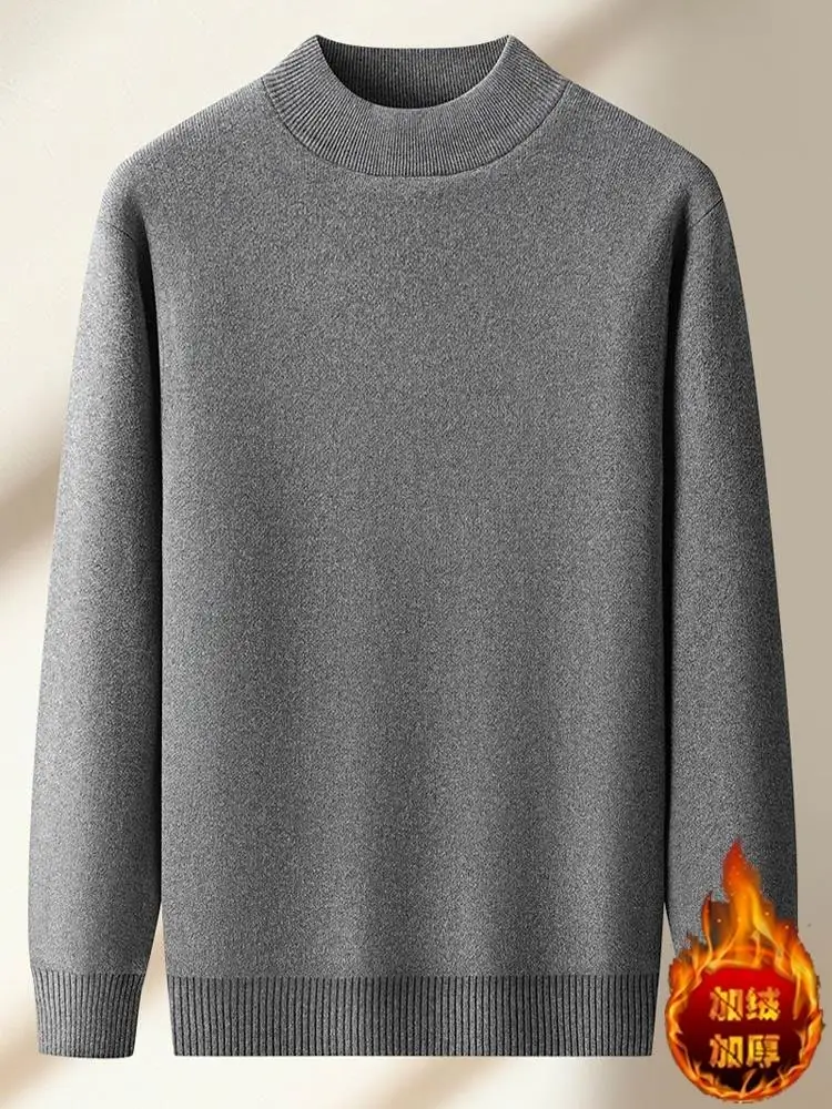 

Мужской теплый хлопковый вязаный свитер свободного кроя с высоким воротником на флисовой подкладке, базовый слой, большие размеры