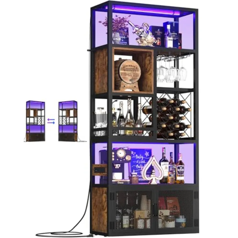 

Барный шкаф высотой 82,6 дюйма с розетками, 6-ярусный, с возможностью переворачивания, с LED-подсветкой, держателем для бокалов и винной полкой для крепких напитков