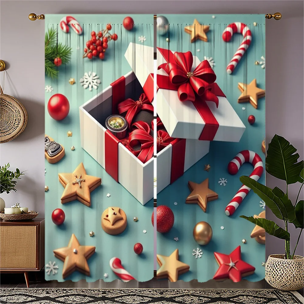 2pcs Christmas Curtains - Holiday Window Drapes with Gift Box, Candy canes, Snowflakes - Semi-Sheer Light Filtering Polyester Cu