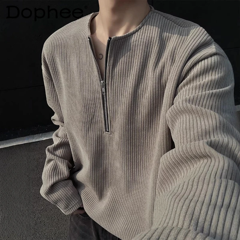 

Fashion Half-Zip T-Shirts Men 2026 Spring Autumn New Long Sleeve Handsome Base Shirts Male Loose Comfort Solid Color Simple Tees