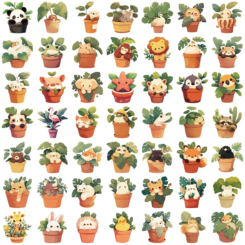 10/30/50pcs Cute Animal Potted Plants Stickers Cartoon Waterproof Graffiti Decals Water Bottle Phone Aesthetic Sticker Kids Toys