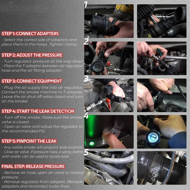 Turbo Air System Leakage Test Kit with Smoke Adapter, Six Pairs of Stepped Adapters (1-1/4'' to 3-3/8''), 14-Piece