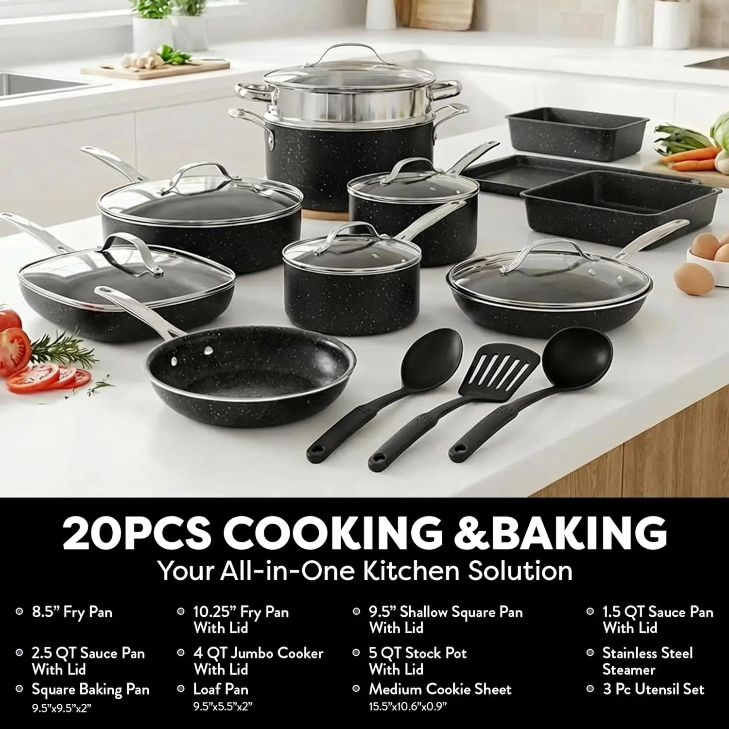 

20 Pc Complete Pots and Pans Set Non Stick Cookware Set with Saute Pan, Bakeware, Steamer, Cooking Utensils, Made Without PFOA P