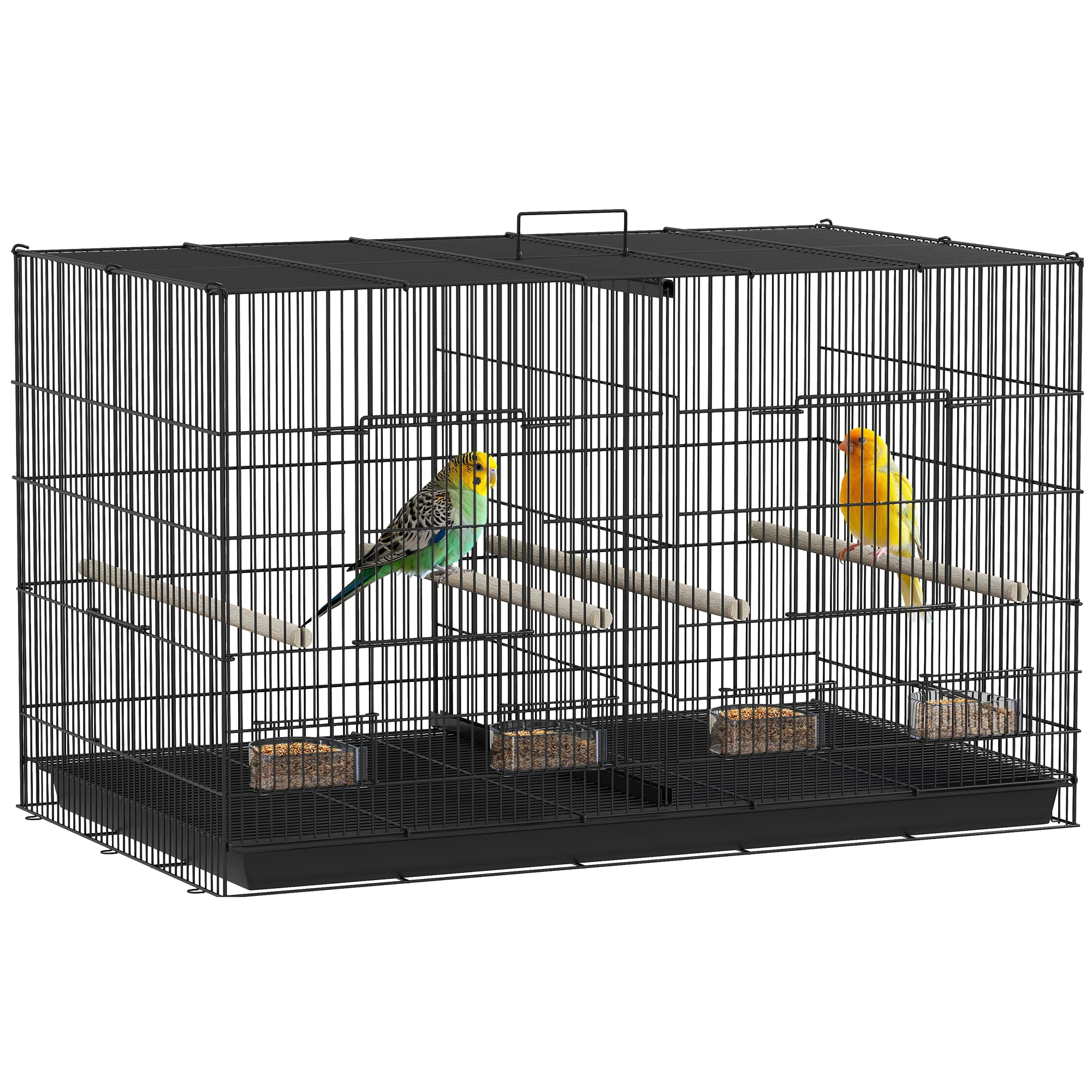 Vogelkooi met scheidingswand, 4 voerbakjes, 4 zitstokken, uitneembare lade voor kanaries, parkieten, grasparkieten, zwart