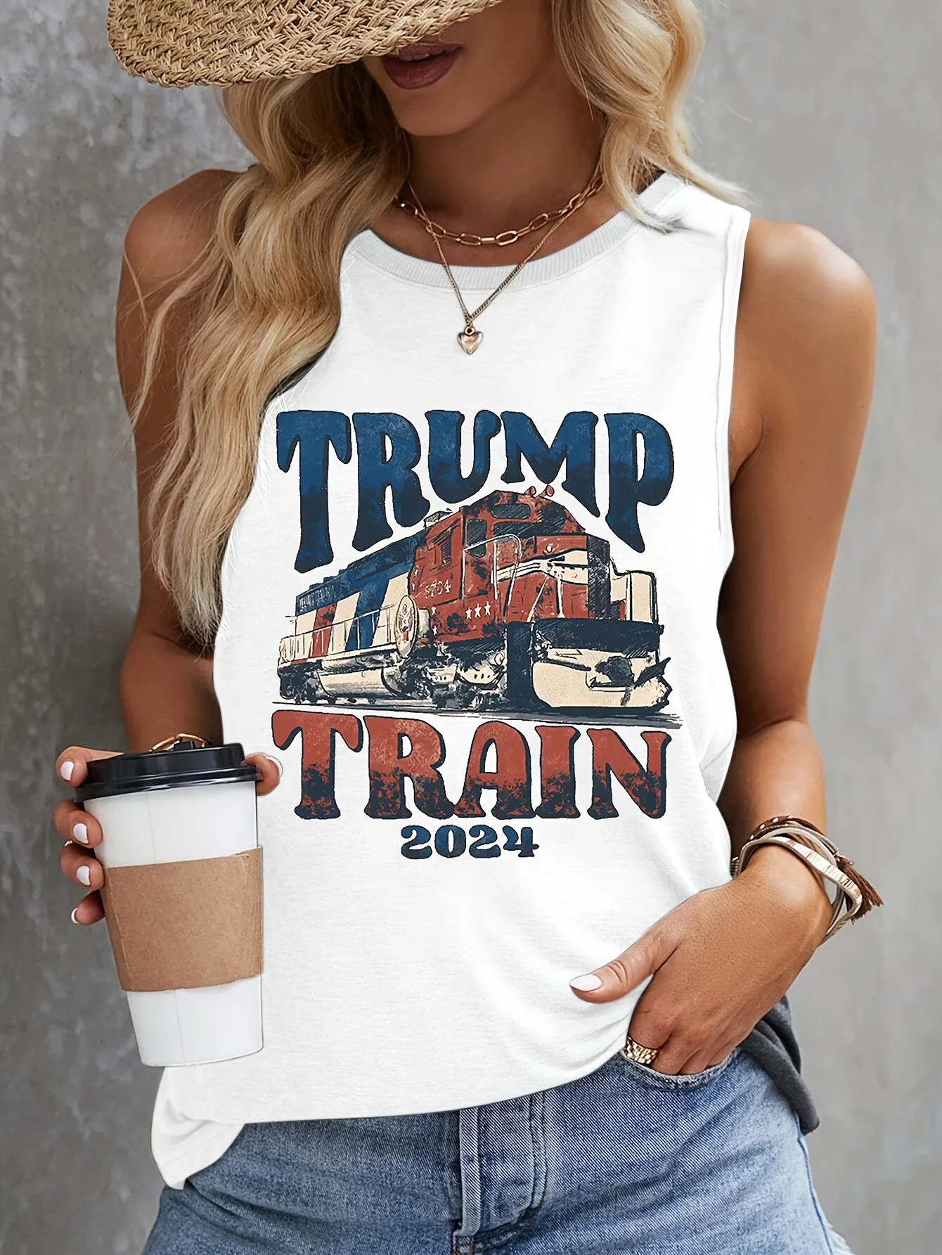 Trump Train Print Tank Top Sleeveless Casual Top For Summer & Spring Women\'s Clothing