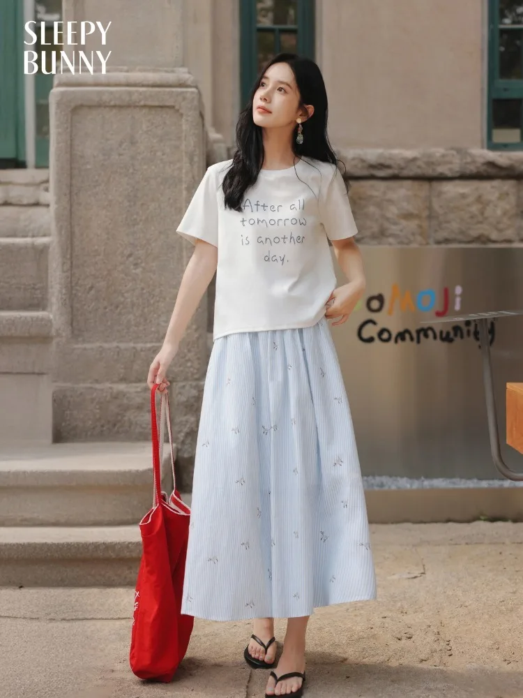 

Striped Floral High Waist Skirt for Women Summer A-Line Elastic Waist Midi Skirt Cute Petite Casual Vintage Style Daywear Outfit