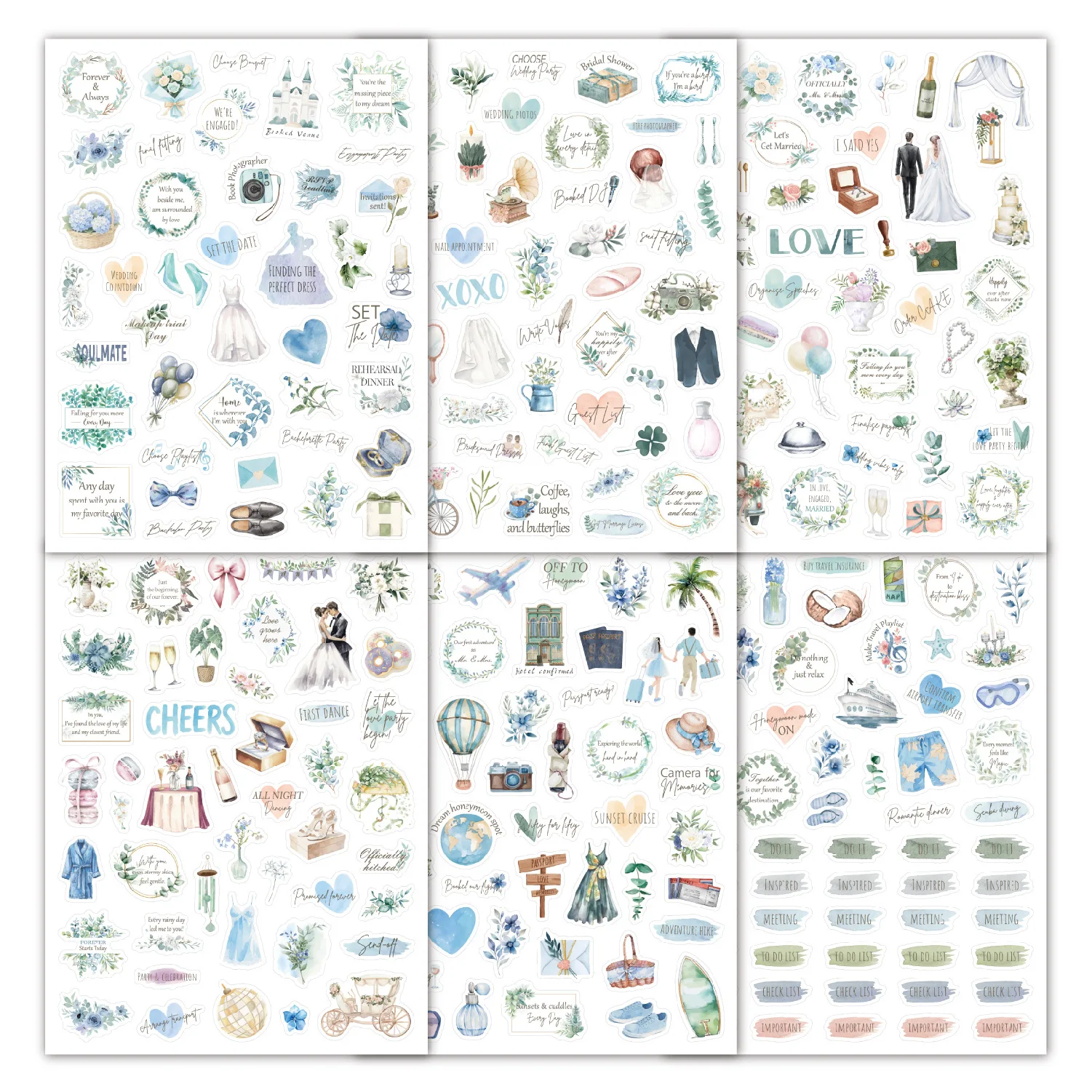 6 Sheets Wedding Bliss Stickers Romantic Wedding Theme Self-Adhesive Journal Sticker for Wedding Plan Scrapbooking DIY Decor