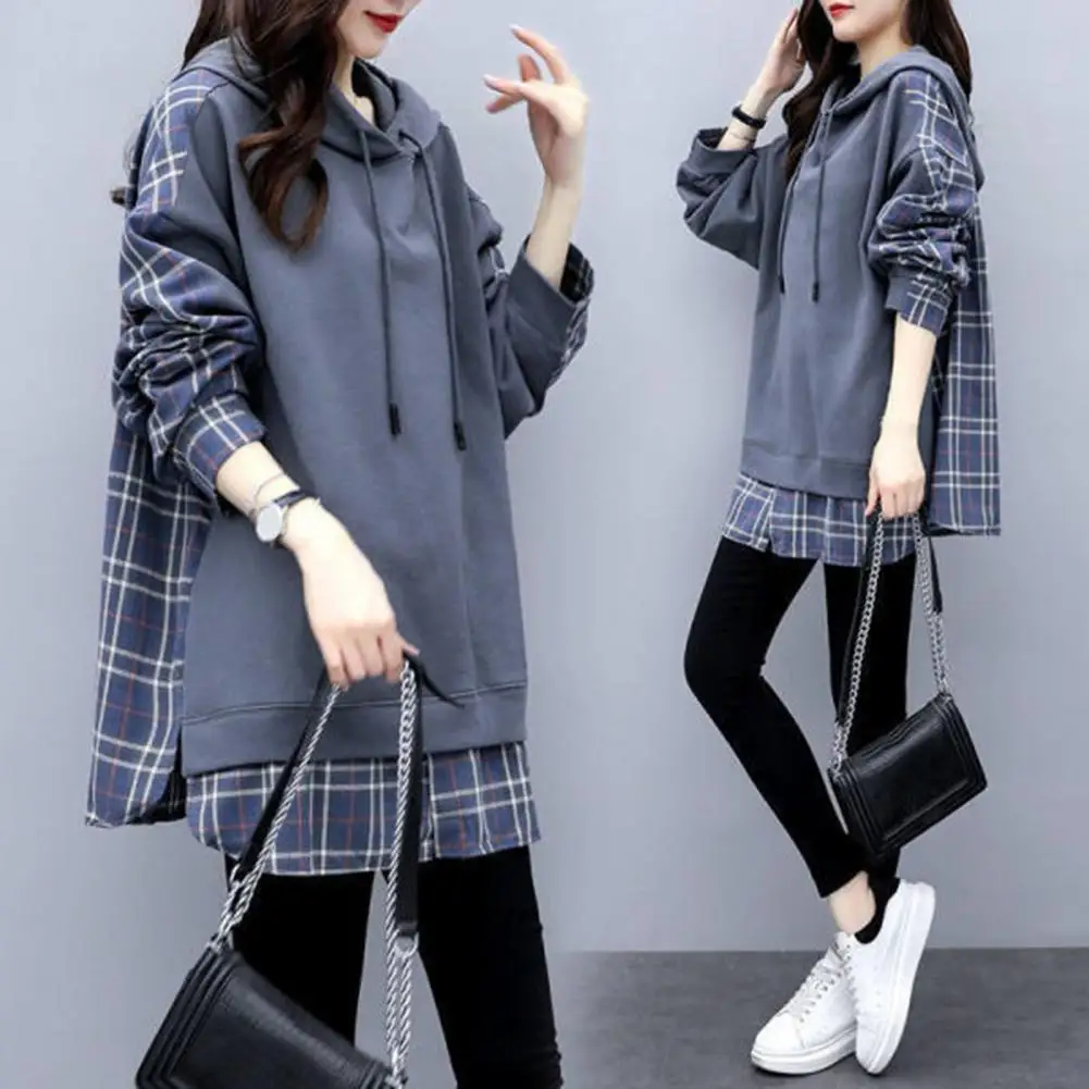 Women Spring Hoodie Fake Two-piece Hoodie Plaid Print Hoodie with Drawstring Mid Length Pullover for Women Wear School Sport Top