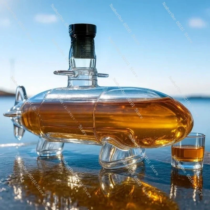 Submarine Whiskey Bottle, Glass Liquor Decanter with Stand, Home Bar Decor Gift for Men Whiskey Lovers