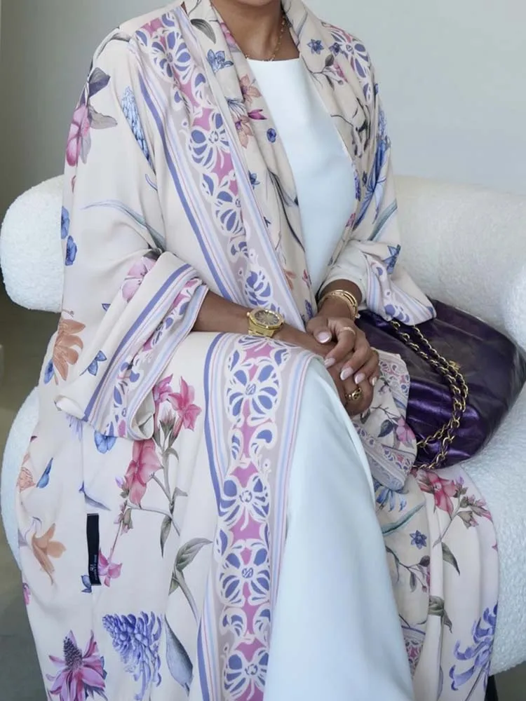 

Элегантные куртки High Street Swing для отпуска, новинка 2025, женское осеннее пальто с v-образным вырезом, свободный мусульманский кардиган с длинными рукавами и цветочным принтом