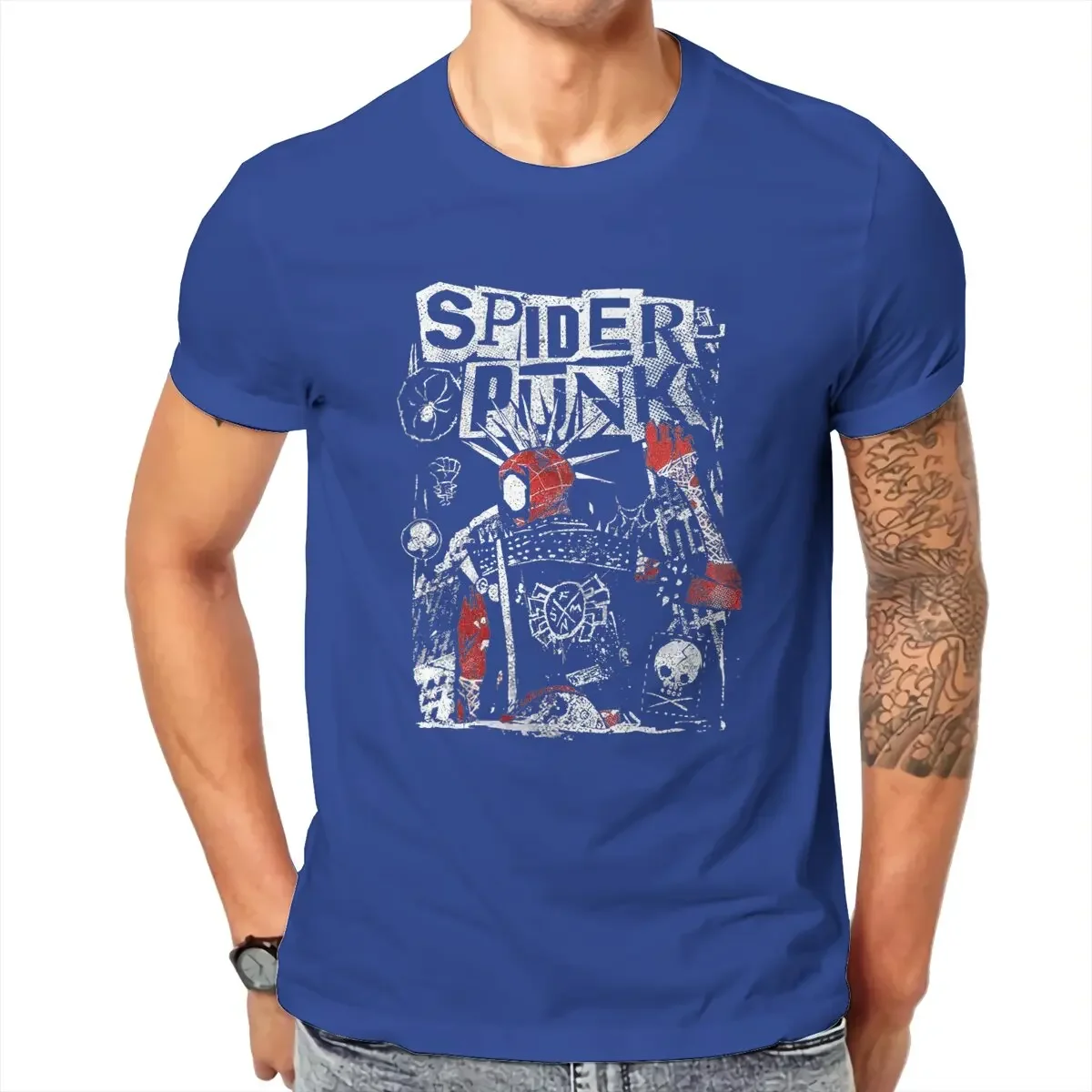 Disney Retro Spider Punk Spiderman T-Shirts Men O Neck 100% Cotton T Shirts into the Spiderverse Short Sleeve Tee Shirt Clothes