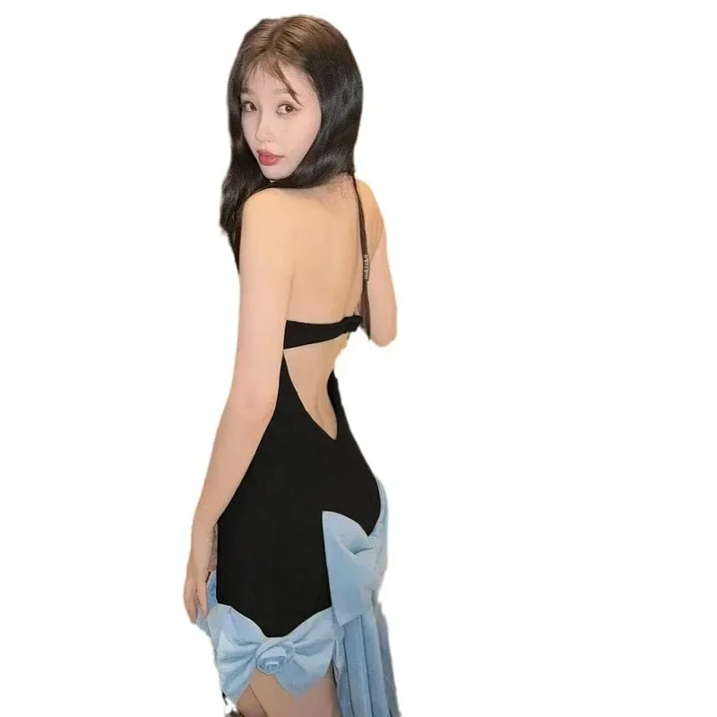 Skinny Bow Mini Dresses for Summer women\'s Dress 2024 New Solid Color Slim Fit Fashion Slash Neck Sexy Off Back Dress for Women