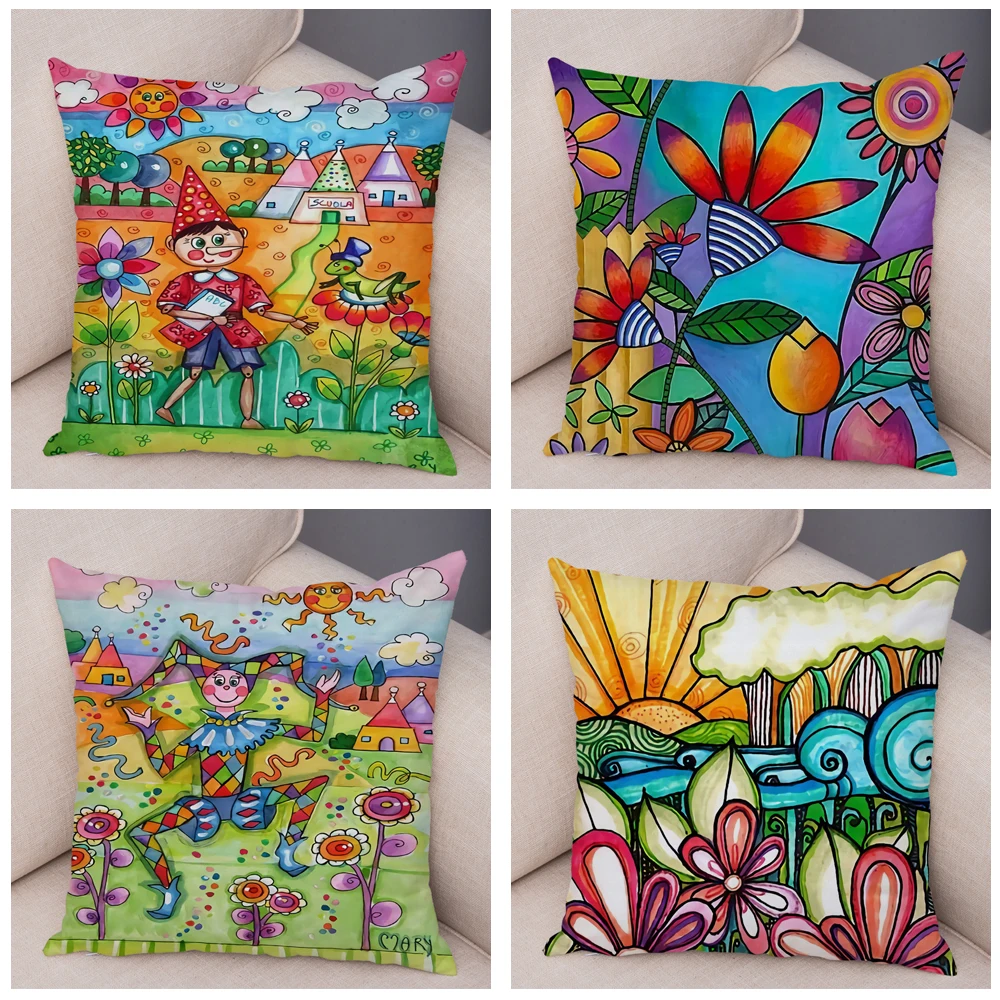 Children Oil Painting Art Cushion Cover Both Sides Plush Pillow Case Decor Cartoon Plant Throw Pillowcase for Sofa Home Car