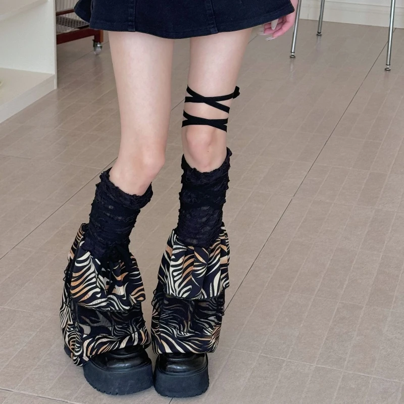 Y2k Leg Warmers Leopard Print Strap Splicing Leg Cover Knee Socks Stockings Women JK Girl Leg Warmer Foot Cover Long Socks Women