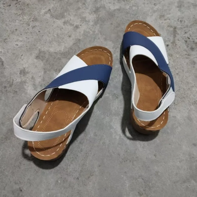 Women's Wedge Sandals Open Toe Crisscross Strap Leather-Look Hook and Loop Fastener Contrast Stitching Casual Walking Footwear