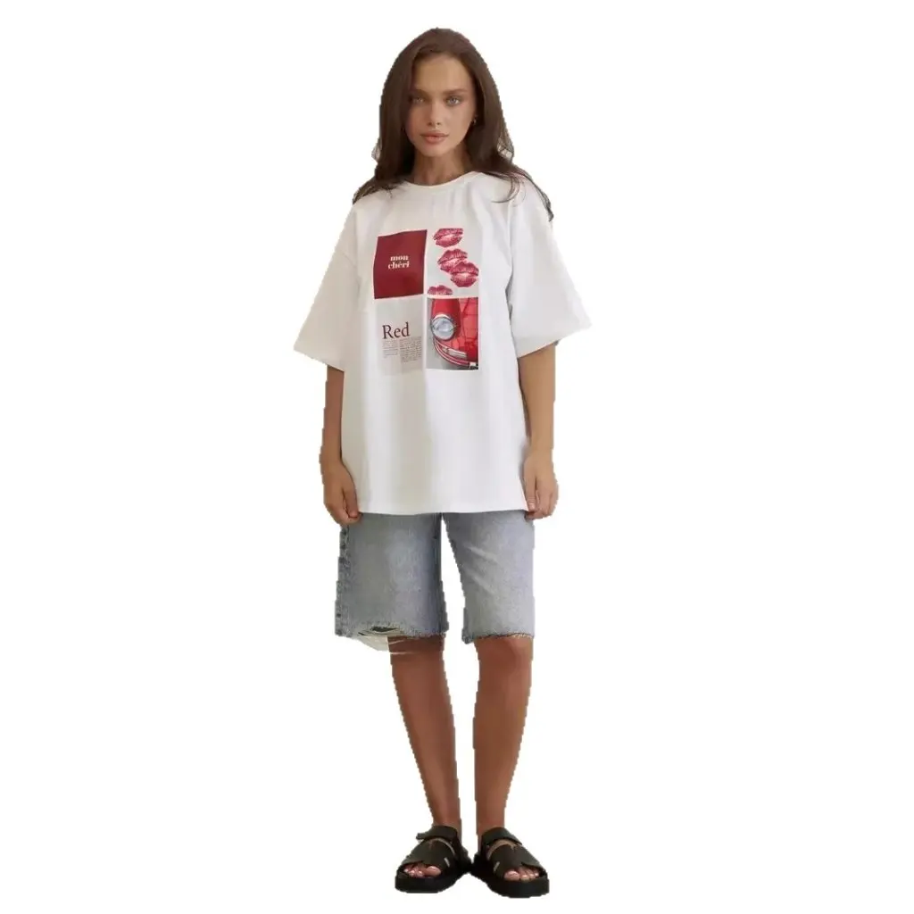 

Pure Cotton Summer Top for Women White Short-Sleeved T-Shirt 200g 4 Square Grids American Retro Trendy Brand Loose Fit