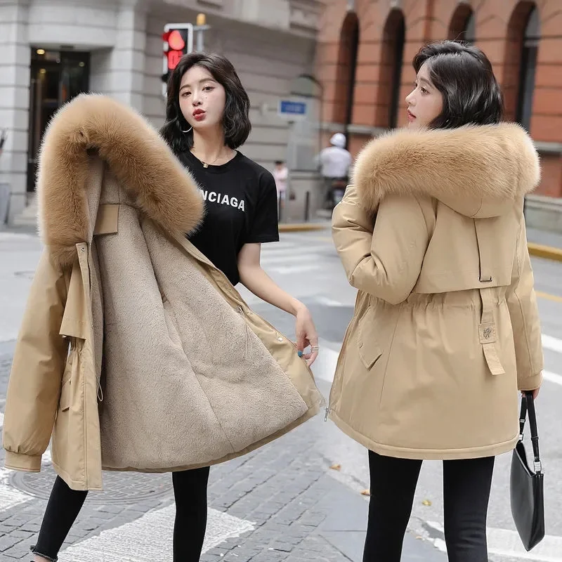 Chaqueta larga con forro de lana para mujer, Cuello de piel delgada con Parka, abrigo cálido, ropa de invierno, nueva moda, 2023