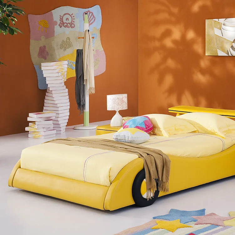 

Foshan Factory Wholesale Double Creative Kids Yellow Car Bed Boy Use Leather Single Kids' Bed Room Set Bedroom Furniture