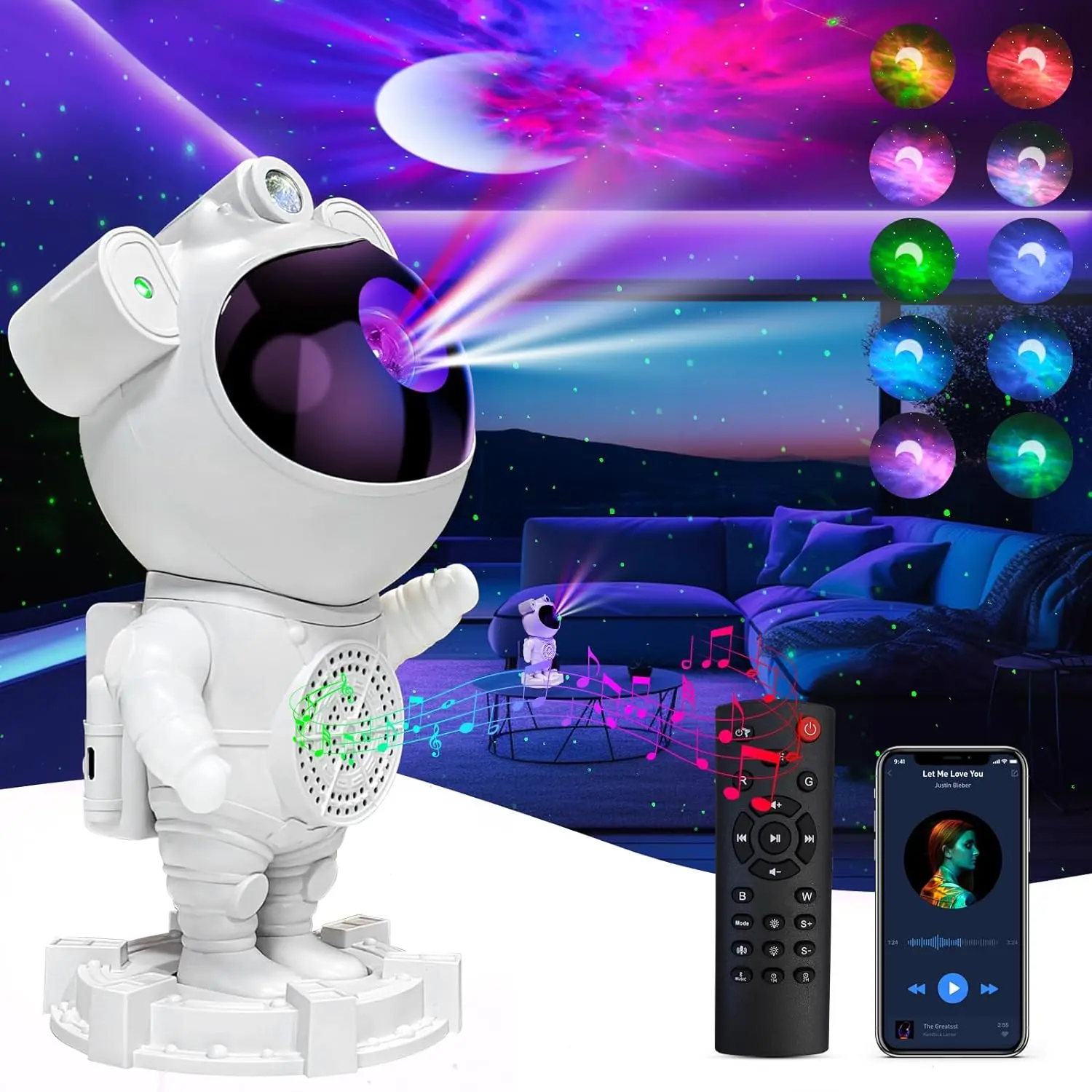 Astronaut Galaxy Projector, Music Speaker, White Noise, Star and Moon Galaxy Lights for Bedroom with Timer, Nebula Night Light