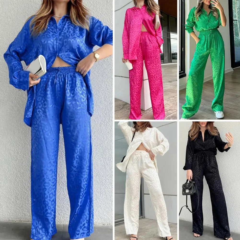 

White Satin Wide Leg Trousers Suit for Women 2024 Spring Office Leopard Print Two-piece Set Home Tracksuit Women's Pajamas Sets