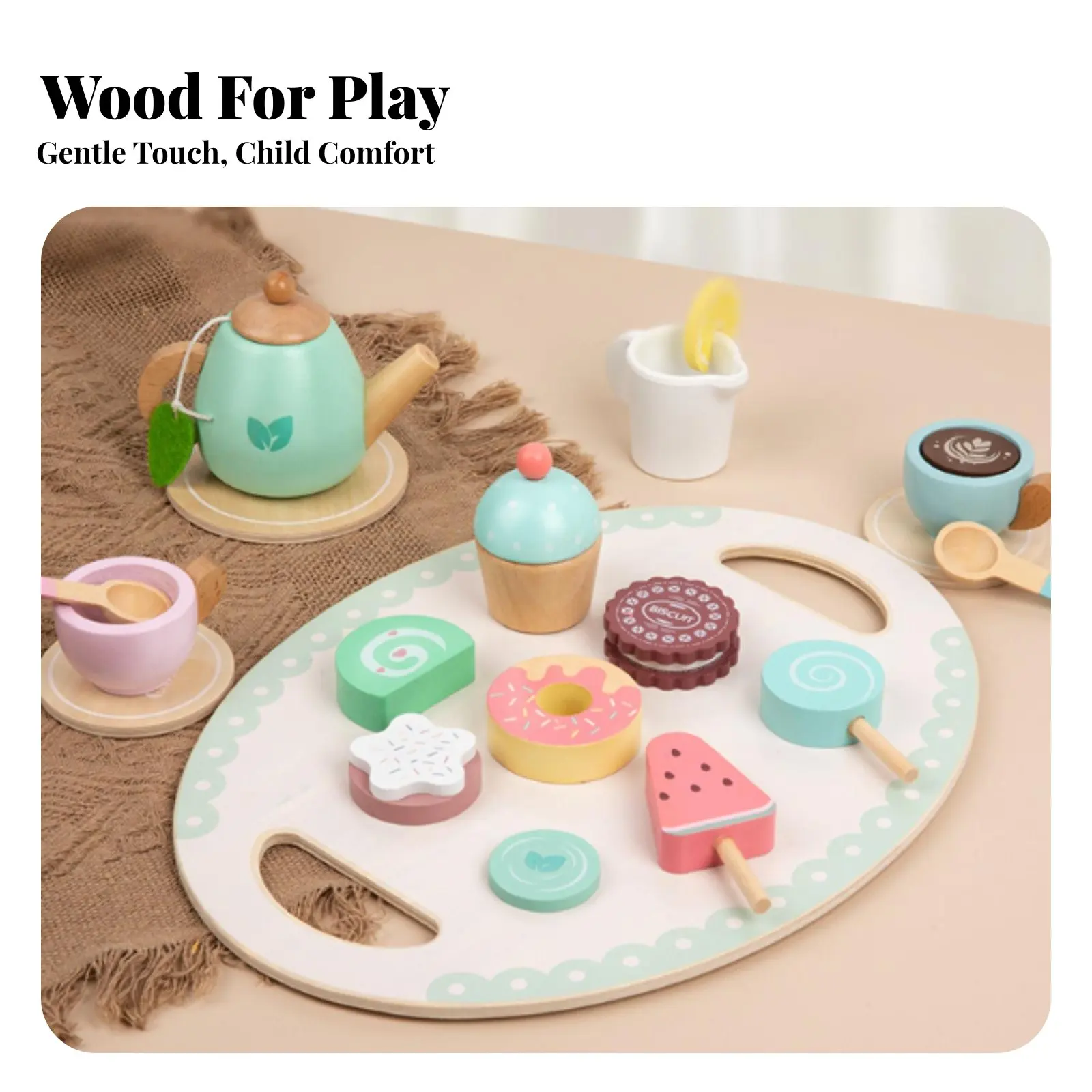 Wooden Afternoon Tea Set Parent-Child Interactive Kids Tea Gathering Playset Wooden Play Food Educational Toy Cake and Pastry