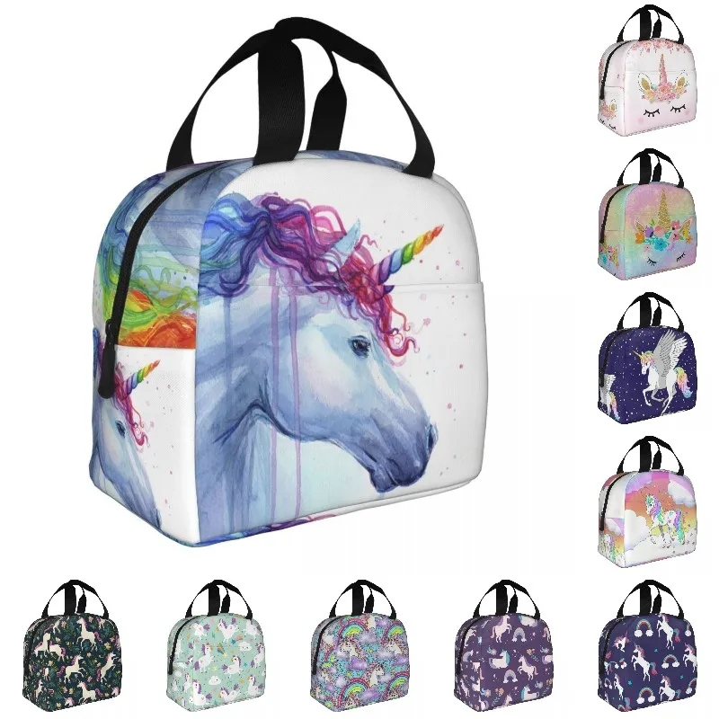 Fiambrera térmica con dibujos de unicornios y arcoíris para mujer, bolsa de almuerzo con aislamiento térmico para niños, escuela, trabajo, Picnic, bolsas de mano para alimentos