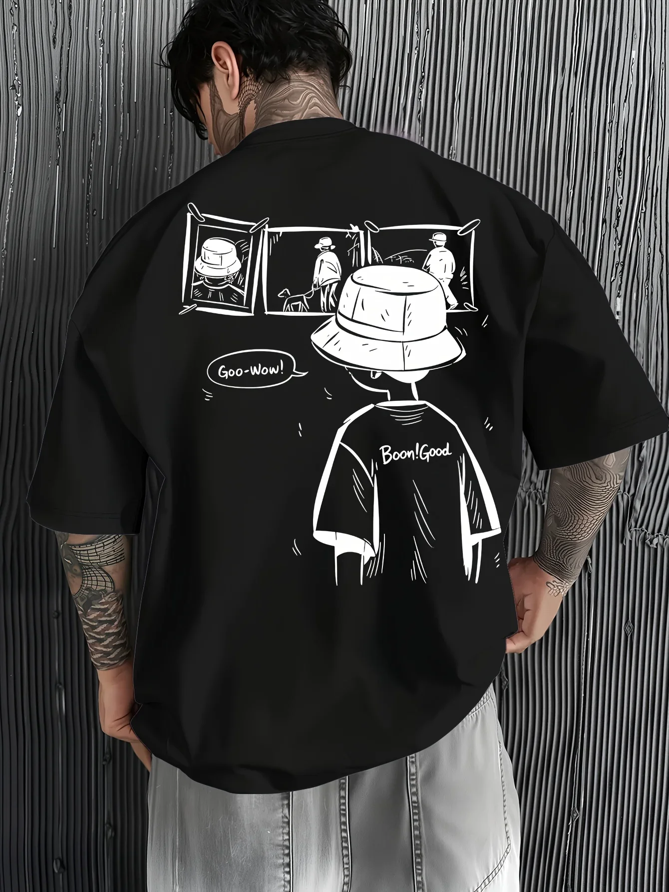 Minimalist Black‑white Hand‑drawn Character Back‑print T‑Shirt Men Soft‑fabric White Casual Streetwear Tees