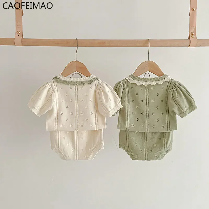 Caofeimao Summer Baby Clothing Set Hollow Out Knit Tee and Shorts 2 Pcs Girls Suit Hollow Knit Short Sleeve Comfort Ventilate