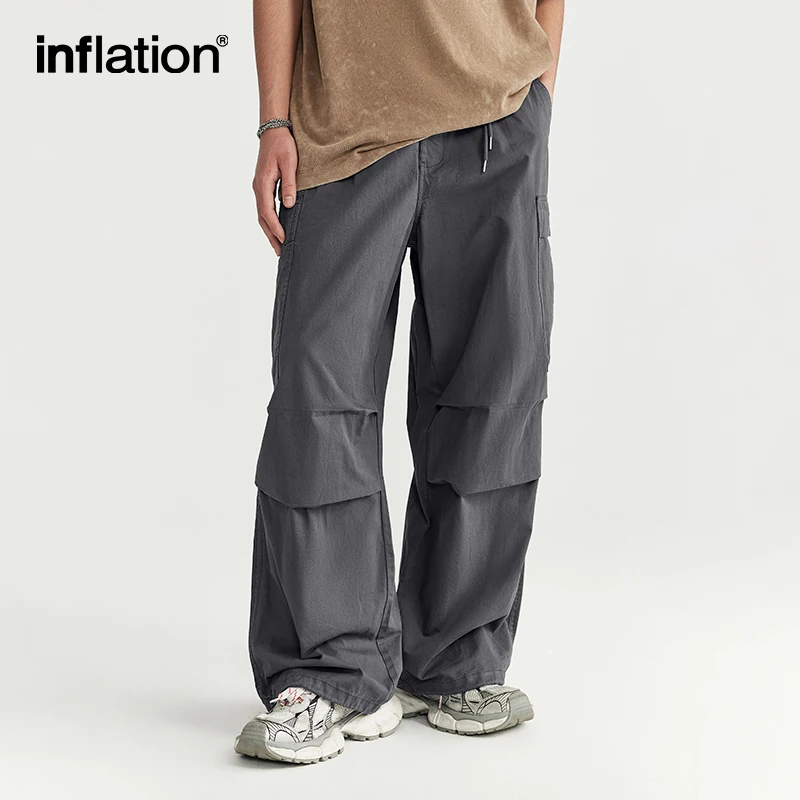 INFLATION Minimalism Washed Wide Leg Cargo Pants for Men 2024 Trendy Multi Pockets Casual Trousers