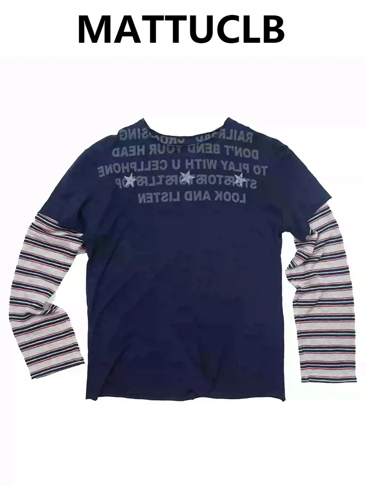 

Summer Women Striped Patchwork Long Sleeve Top O-Neck 2000s T-Shirt Tide Punk Tees Kpop Harajuku Top American Retro Design New