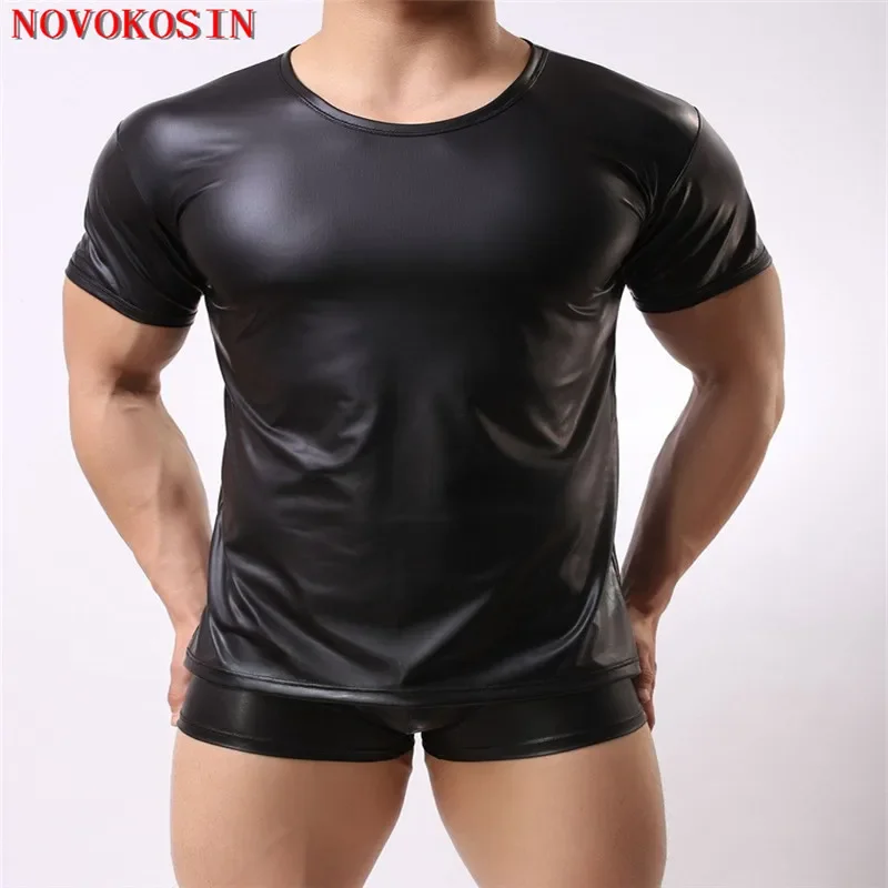 S-2XL New Fashion Black Wet Look Faux Leather Men Sexy Lingerie Night Club Fitness Tops Tees PU Short Sleeves Tight T Shirts