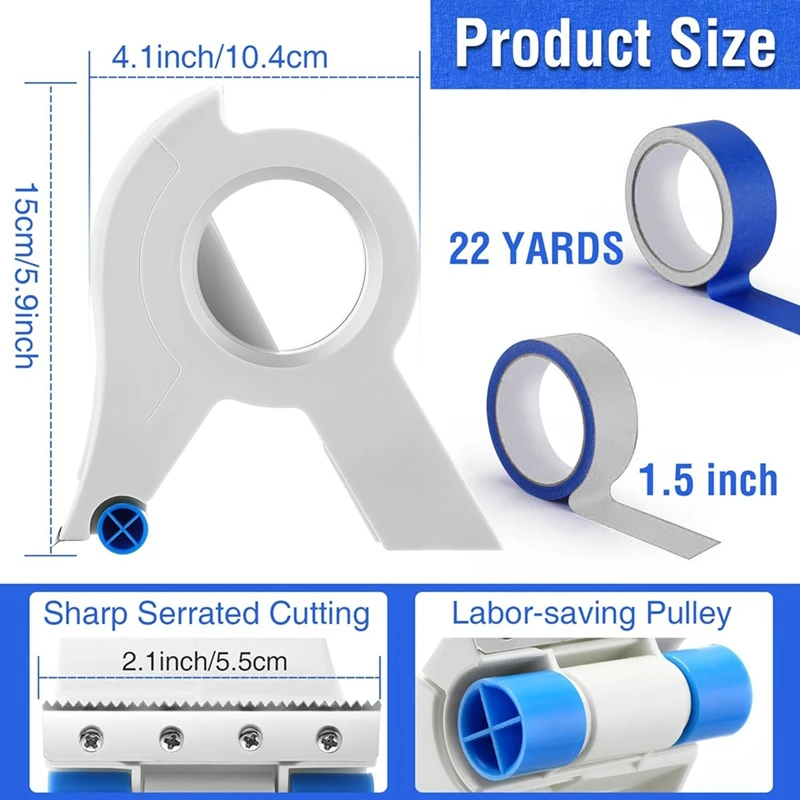Masking Paint Tape Applicator Portable Masking Set Sharp Tape Cutter With White Blue Each 1.4 Inch Painters Tape, 2 Pack