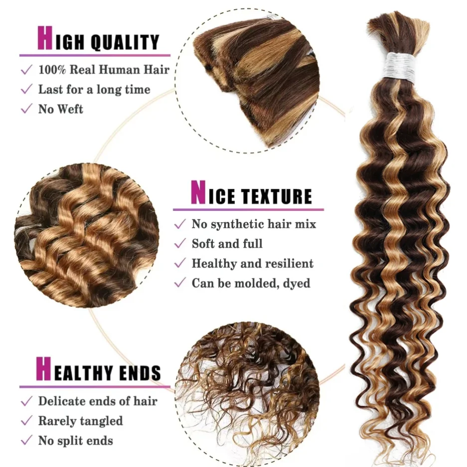 تسليط الضوء على الشعر البشري السائبة للتضفير P4/27 موجة عميقة مجعد Knotless بوهو الضفائر البني شقراء 100% وصلة إطالة شعر طبيعي QBeauty
