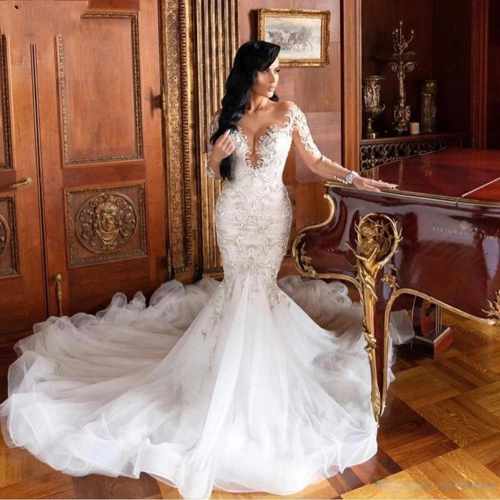 Vestidos de Novia de sirena de encaje blanco, vestidos de Novia de tul de manga larga con escote en forma de corazón, Vestido largo de lujo con apliques de África para mujer, Vestido de Novia