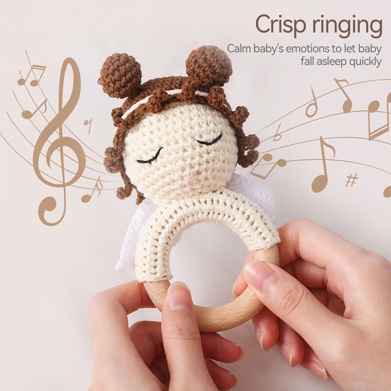 Crochet Cartoon Angel Wooden Ring Ringing Toy Baby Mobile Soothing Toys Newborn Teeth Grinding Toys 0-12 Months Children‘s Gifts