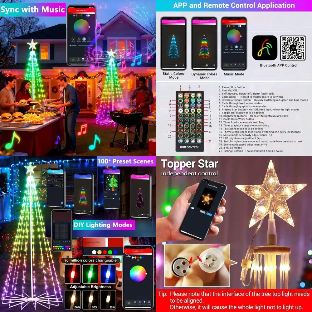 

6-футовые 265-светодиодные умные елочные огни RGB с пультом дистанционного управления, таймером и синхронизацией музыки Bluetooth для праздничного декора