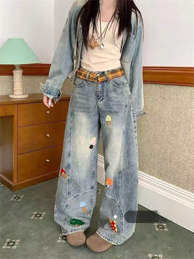 

American High Street Lazy Dstring Knife Jeans Women Winter New Slimming Retro Casual Straight Long Pants Wide Leg High Wai...