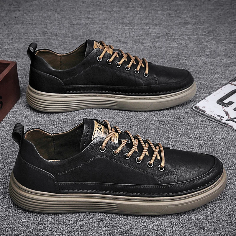 Men's Large Size Casual Skateboard Shoes Thick‑soled Comfort Lace‑up Daily Walking Breathable Flat Sneakers For Outdoor Daily We
