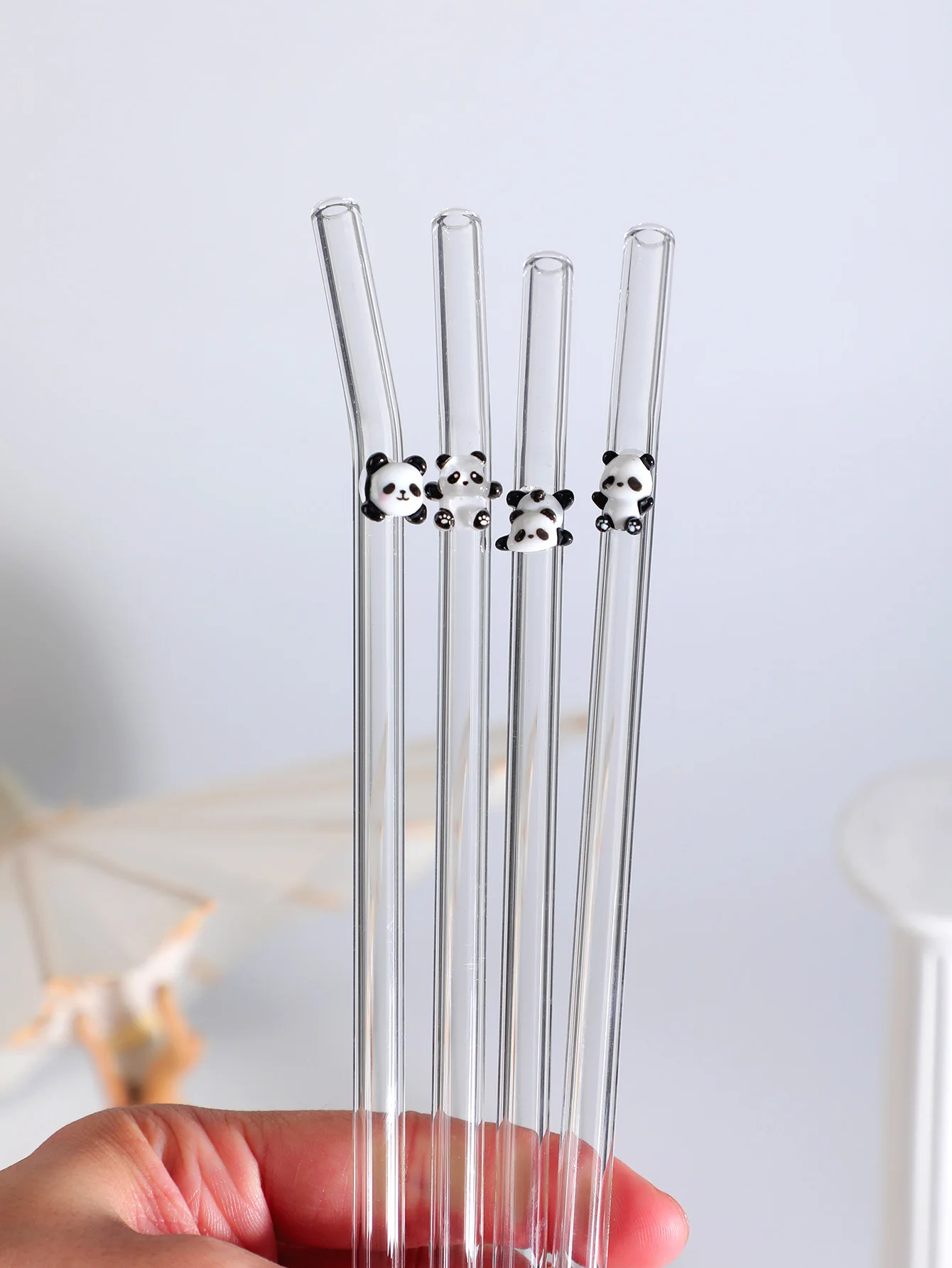 4/7PCS Panda Design Reusable Bent Glass Straw, Cute Coffee &  Drink Accessory, Beach Party Essential, Dessert Shop Favorite Gift