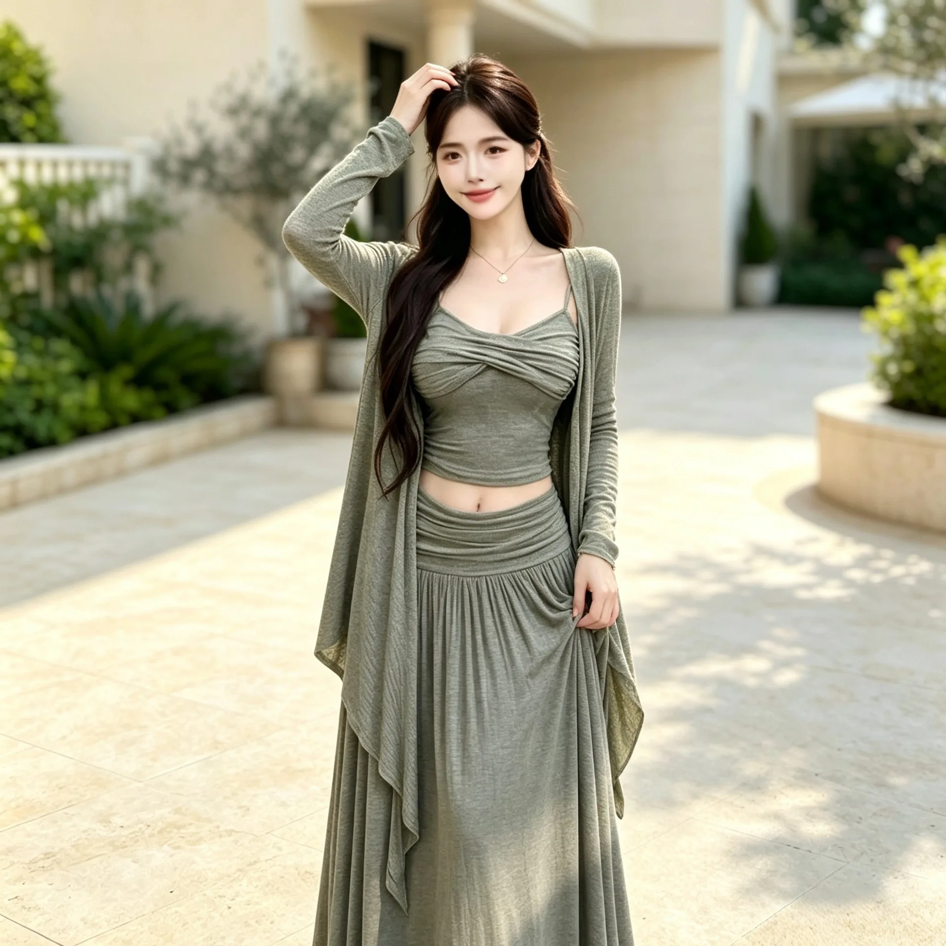 Elegant Lazy Style Knot Folded Tube Top Strap Dress High Waist Half Body Long Dress Three Piece Set Women's Casual Sport Suit