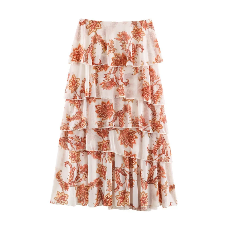 Casual Layered Print Decoration Skirt High Waist Half-length Cake Style Ladies' High Waist Printed Skirt for Women