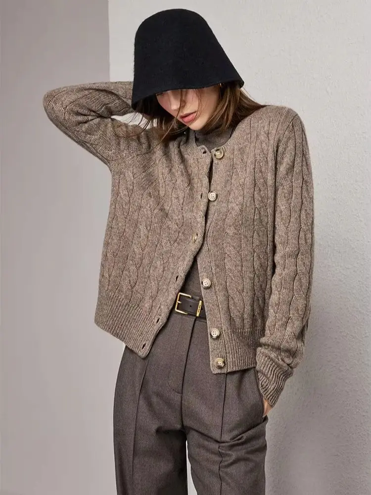 100% pure cashmere twisted round neck slim knit cashmere cardigan sweater