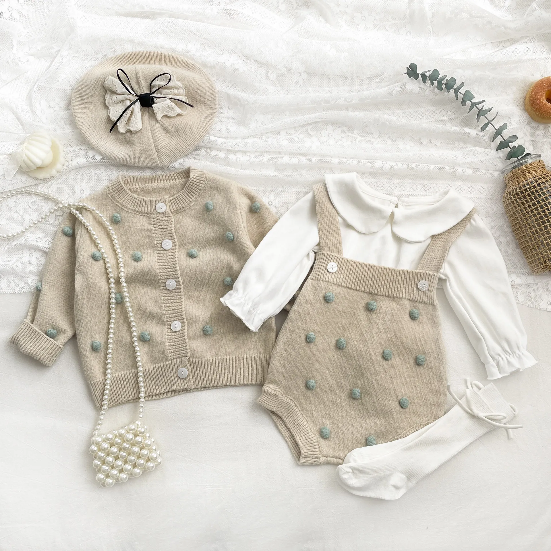 Somenie Baby Clothes Autumn INS Knit Sweater Suspenders Set Stylish Fur Pom Cardigan Jacket Two-piece Set