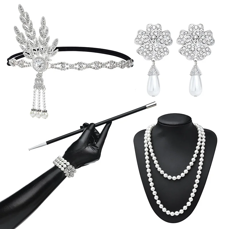 

1920 Makeup Ball Accessories Gatsby Party Alloy Headband Necklace Long Smoke Rod Glove Earrings Bracelet Set