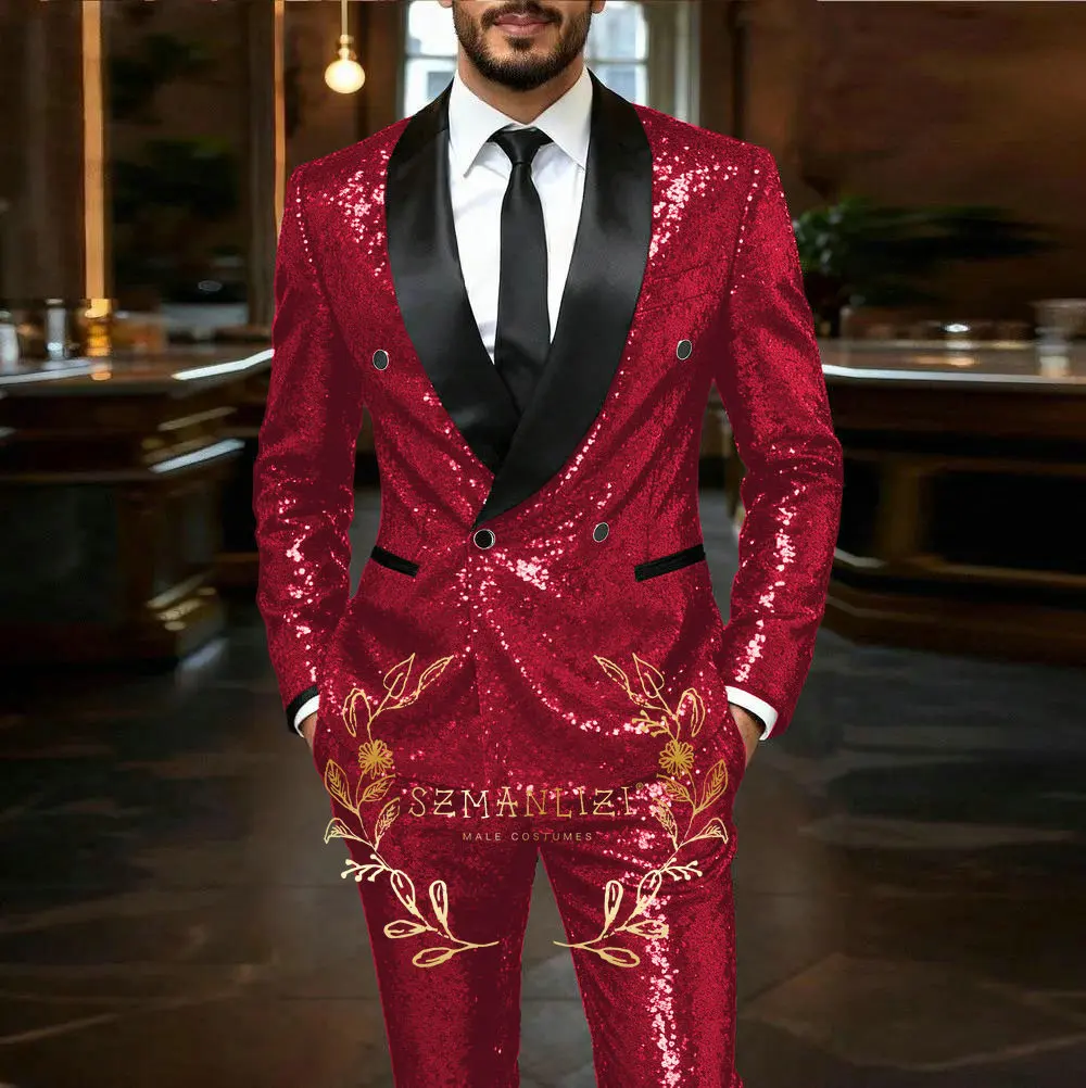 

Burgundy Shiny Sequin Suits Men 2 Pieces Sets Double Breasted Groom Blazer Pants Costume Homme Wedding Tuxedos Male Clothing
